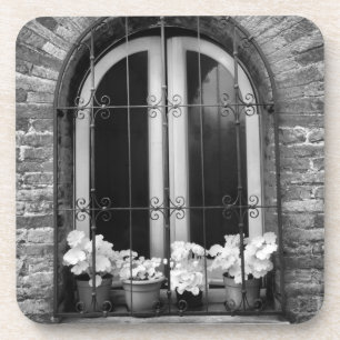 Porta-copo Vista em preto e branco de janela e vasos de flore