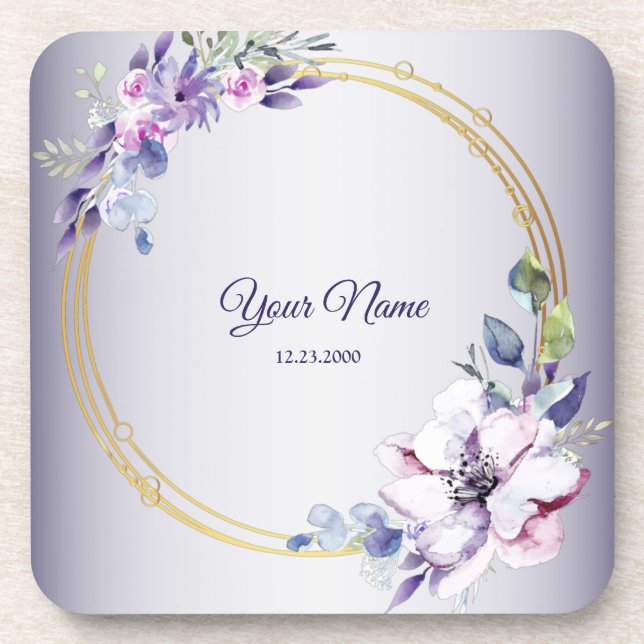 Porta-copo Watercolor Floral Geometric Golden Purple Wedding (Frente)