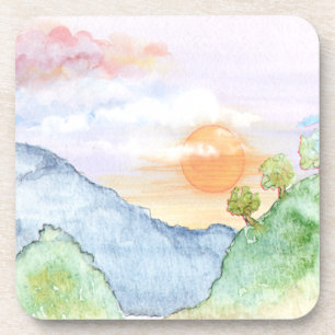 Porta-copo Watercolor Sunset sobre Montanhas e Árvores