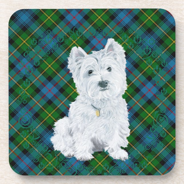 Porta-copo Westie no Tartan (Frente)