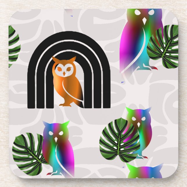 Porta-copo Whimsical Boho Owl & Tropical Monstera Leaf (Frente)