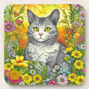 Porta-copo Whimsical Cat and Flowers