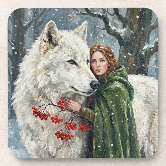 Porta-copo White Wolf Redhead Druid Winter Berries Fantasy Ar (Frente)