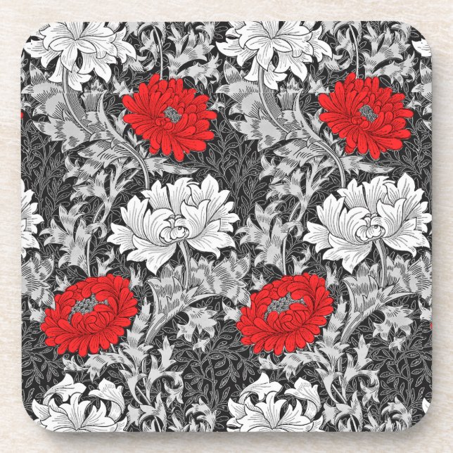 Porta-copo William Morris Chrysanthemums, Cinzas e Vermelho (Frente)