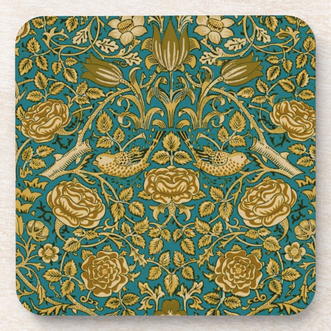 Porta-copo William Morris Tudor Rosa Patterno Ouro Azul (Frente)
