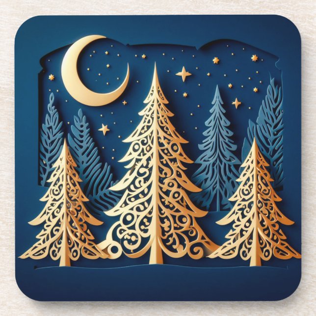 Porta-copo Winter’s Gold Papercut – Cena das Árvores de Natal (Frente)