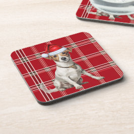 Porta-copo Xadrez Vermelha e Jack Russell Terrier Dog Natal