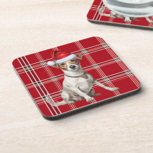 Porta-copo Xadrez Vermelha e Jack Russell Terrier Dog Natal