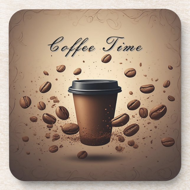 Porta-copo Xícara de café flutuante com grãos de café (Frente)