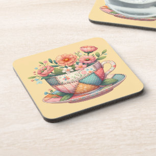 Porta-copo Xícara de Chá em Patchwork com Flores Caprichosas