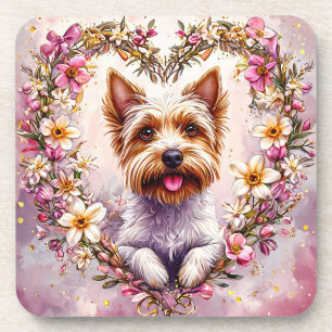 Porta-copo Yorkie Adorável Rodeado por Grinalda Floral