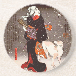 Porta-copos 國 芳 Mulher e Cachorro em Neve Kuniyoshi Fine Art
