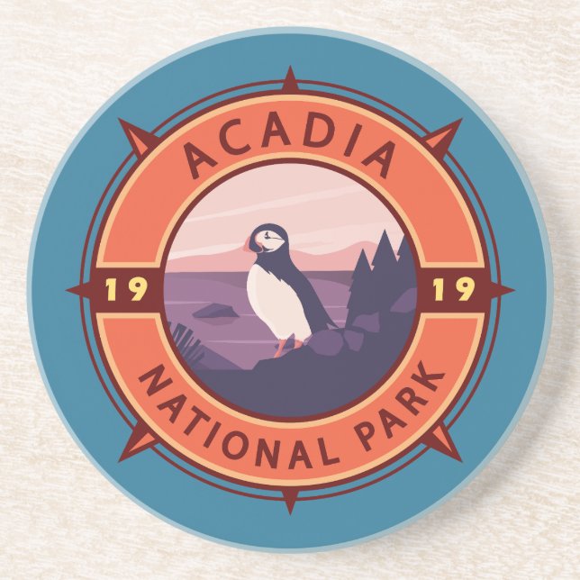 Porta-copos Acadia National Park Puffin Retro Compass Emblem (Frente)
