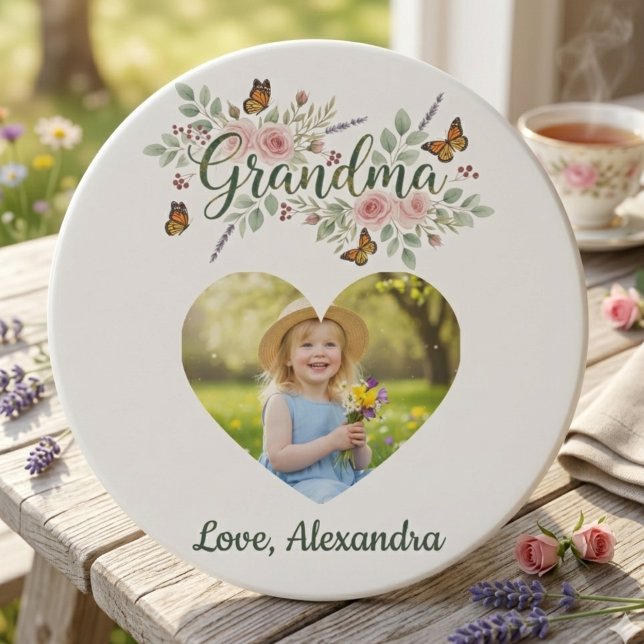 Porta-copos Alegre Presente para a Vovó - Foto Floral (Personalized Photo Grandma coaster gift)