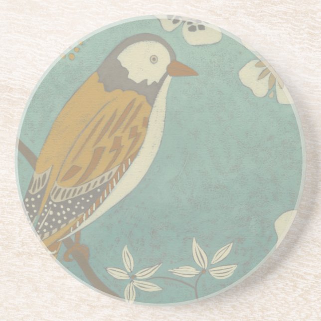 Porta-copos Amarelo, Cinza e pássaro bege Empoleirado em uma r (Frente)
