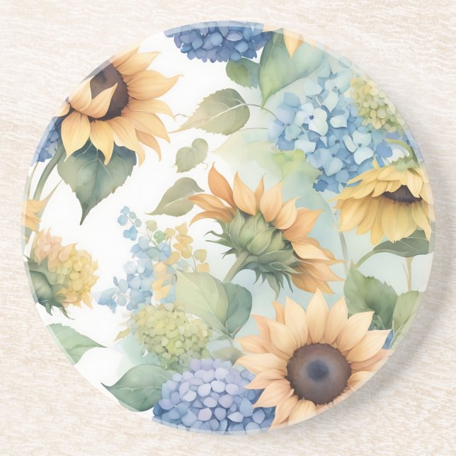 Porta-copos Aquarela Elegante de Girassóis e Hydrangeas (Frente)