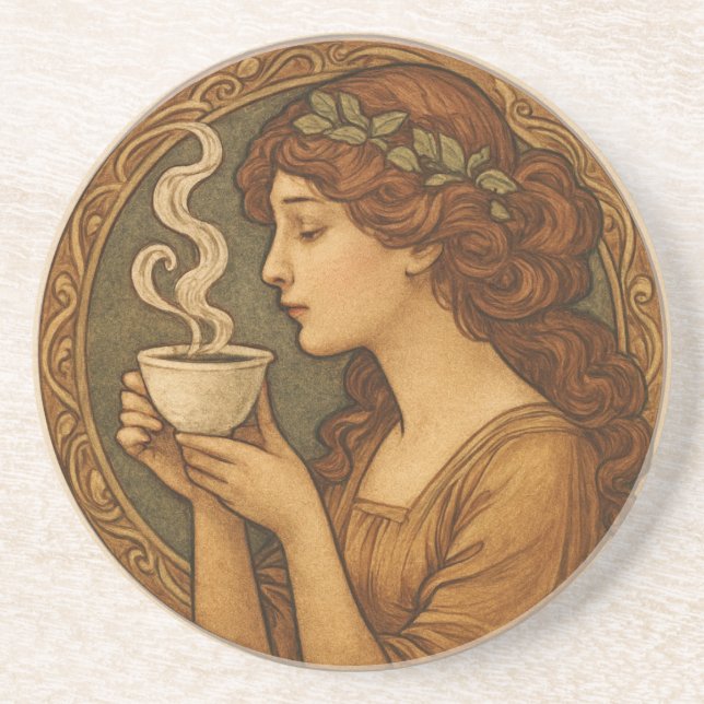 Porta-copos Art Nouveau Mulher Com Café (Frente)