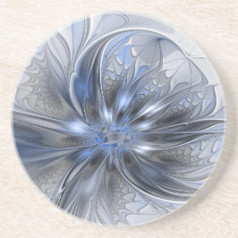 Porta-copos Arte Fractal Floral Abstrata em Aquarela Azul Cinz
