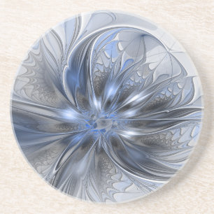 Porta-copos Arte Fractal Floral Abstrata em Aquarela Azul Cinz