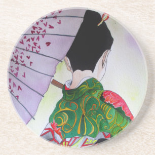 Porta-copos Arte japonesa Geisha com kimono e guarda-chuva