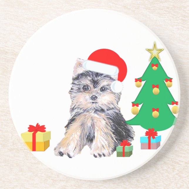 Porta-copos Árvore de Natal, cachorro Yorkshire e presentes (Frente)
