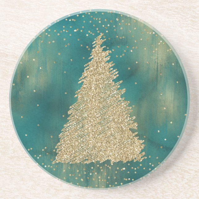 Porta-copos Árvore de Natal Glitter Dourado Verde Teal (Frente)