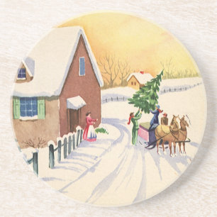 Porta-copos Árvore do natal vintage em uma estrada nevado do