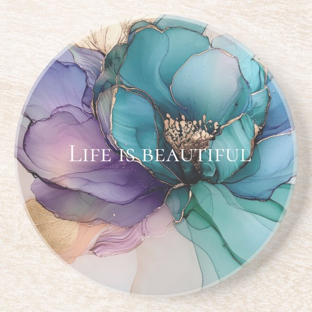 Porta-copos Azul Aquático Roxo Dourado Floral  (Frente)