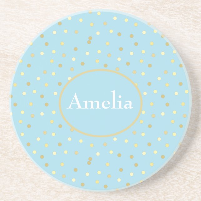 Porta-copos Azul Pastel Tendência Dots de Confetes Dourados  (Frente)