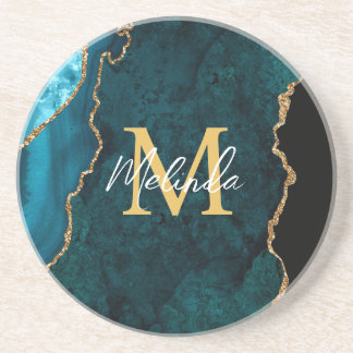 Porta-copos Azul Teal e Agato Marble Dourado
