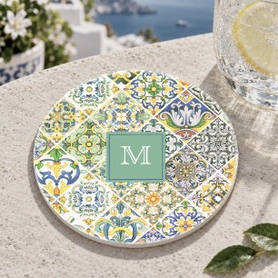 Porta-copos Azulejo Cerâmico Siciliano Mediterrâneo Verde Eleg