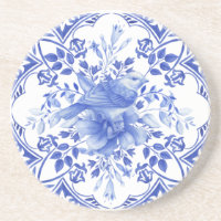 Azulejo Floral Azul e Branco com Pássaro