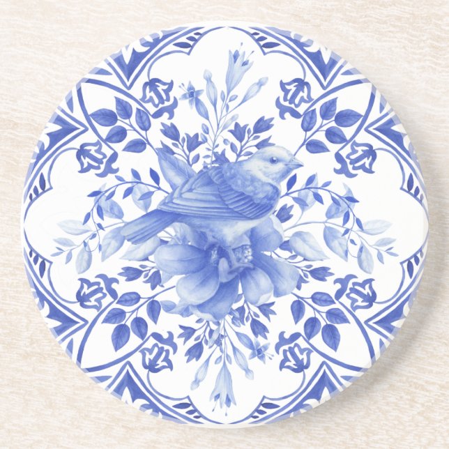 Porta-copos Azulejo Floral Azul e Branco com Pássaro (Frente)