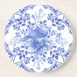 Porta-copos Azulejo Floral Branco e Azul com Pássaro