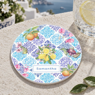 Porta-copos Azulejo Floral de Citrino Siciliano Branco Azul Vi