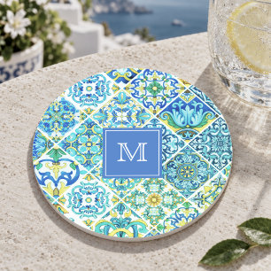 Porta-copos Azulejo Siciliano de Cerâmica em Tom de Água e Hor