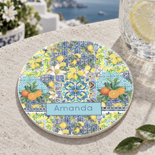 Porta-copos Azulejos florais cítricos sicilianos turquesa azul