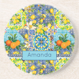 Porta-copos Azulejos florais de citrinos de cor azul-chic