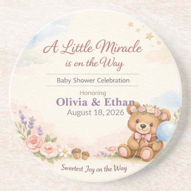 Porta-copos Baby Shower Coasters | Teddy Bear | Little Miracle (Frente)