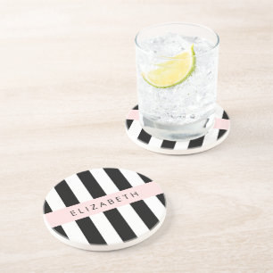 Porta-copos Black and White Stripes, Stripes, Linhas, Seu Nome