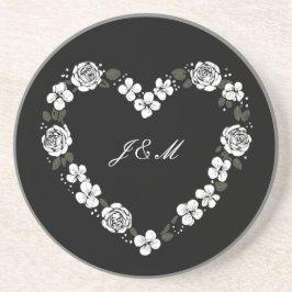 Porta-copos Black & White Floral Heart Sandstone Coaster