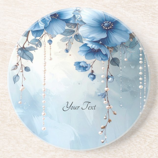 Porta-copos Blue Flowers and Pearls Sandstone Coaster (Frente)