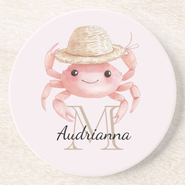 Porta-copos Blush Pink Crab with Hat Monogram (Frente)