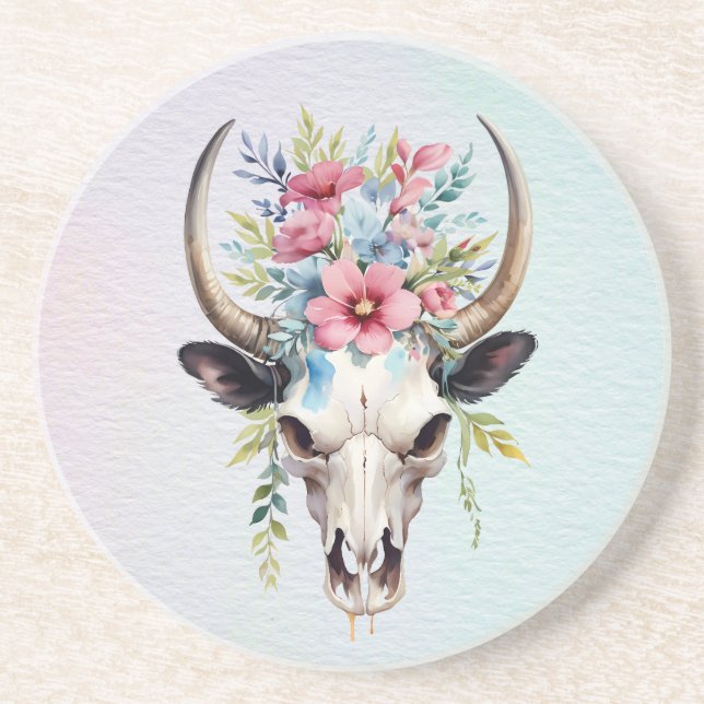 Porta-copos Boho Chic Aquarela Floral Crânio de Vaca (Frente)