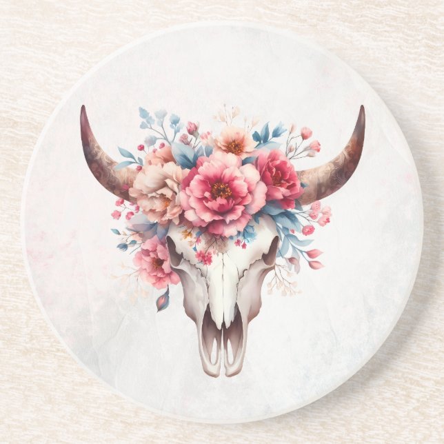 Porta-copos Boho Chic Crânio de Vaca Floral Aquarela (Frente)
