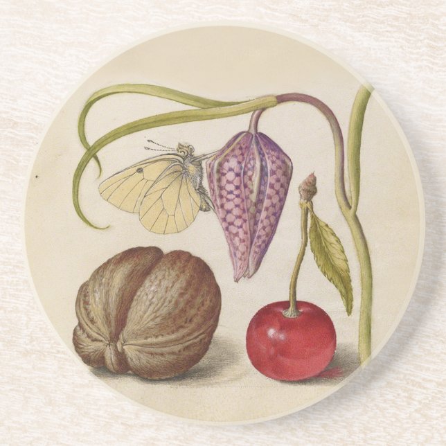 Porta-copos Borboleta Flor de Noz Flor, Cereja, Aquarela (Frente)