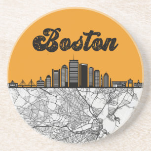 Porta-copos Boston Massachusetts City Skyline com Mapa