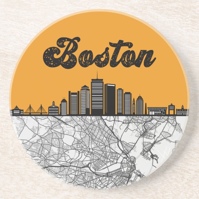Porta-copos Boston Massachusetts City Skyline com Mapa (Frente)