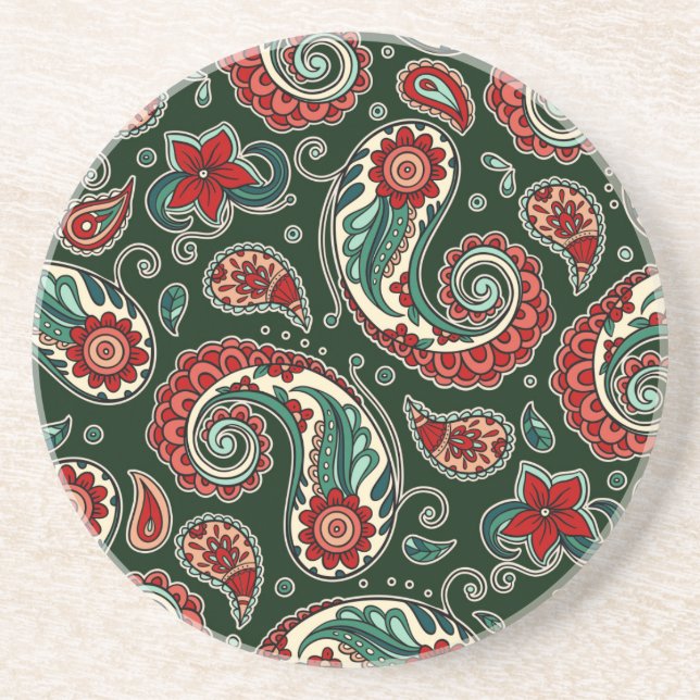 Porta-copos Bule de Arenito Paisley Vermelho e Verde (Frente)