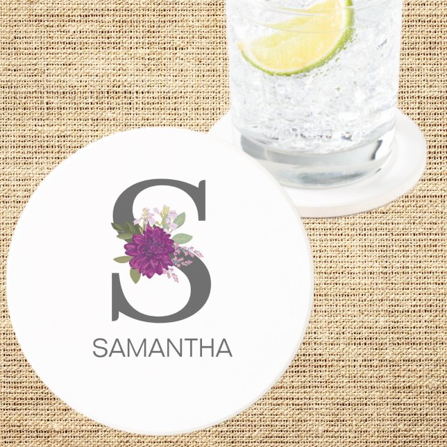 Porta-copos Burgundy Dahlia Floral Alphabet Letter Monogram   (Criador carregado)